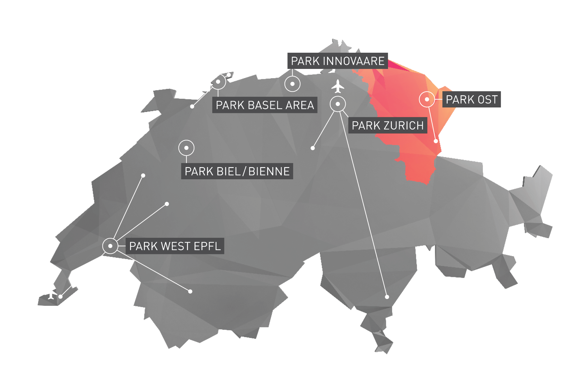 Karte der Schweiz, die zeigt wo der Innovationspark Ost tätig ist.