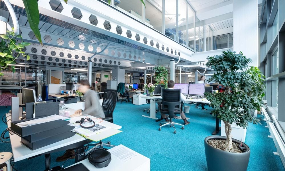 Ein Foto von den Büroflächen auf den Campus Lerchenfeld, die an Start-ups und junge Unternehmen vermietet werden können. Sehr gross, hell und bequem für eine gute Zusammenarbeit.
